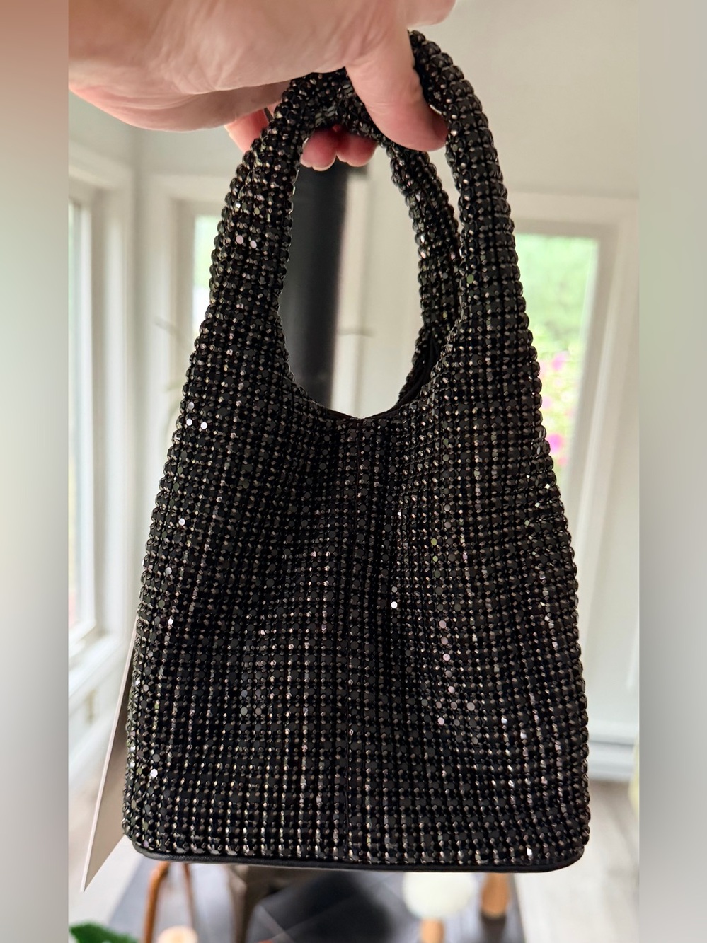 NEW w TAGs GIARITÉ Brilly Black Crystal Bucket Bag w Silver Tone Crossbody Strap